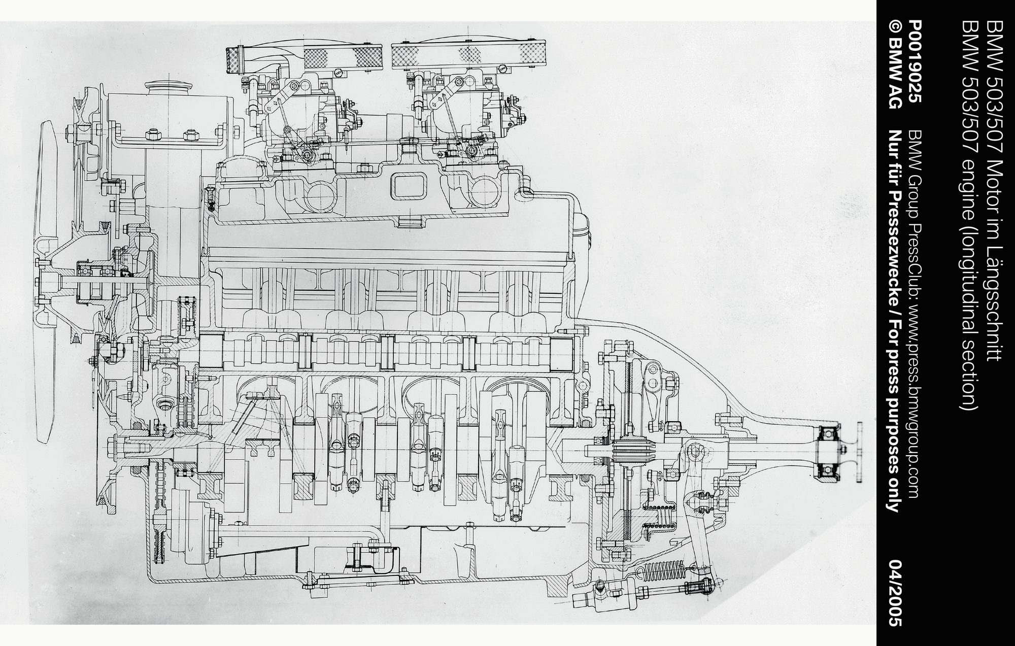 Dibujo técnico en corte del motor V8 del BMW 503 y 507