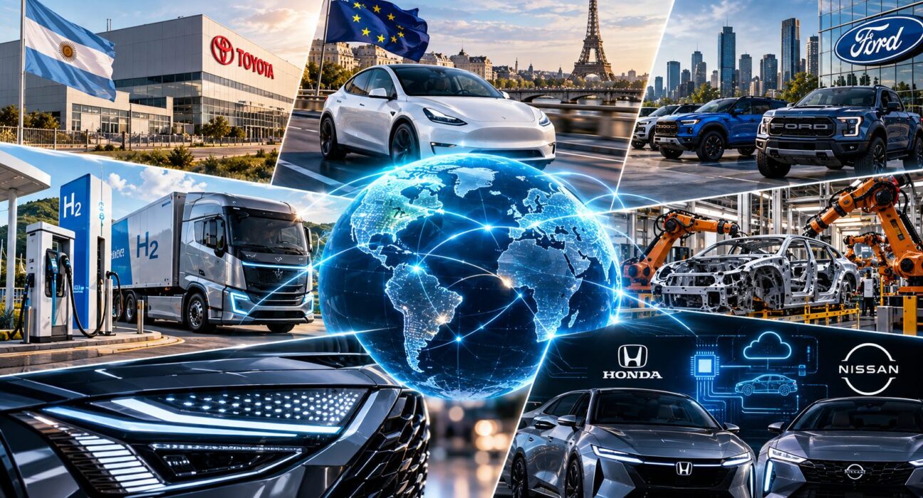 Collage de noticias de la industria automotriz con logotipos de Toyota, Ford, Honda y Nissan