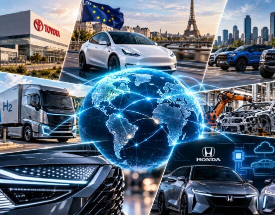 Collage de noticias de la industria automotriz con logotipos de Toyota, Ford, Honda y Nissan