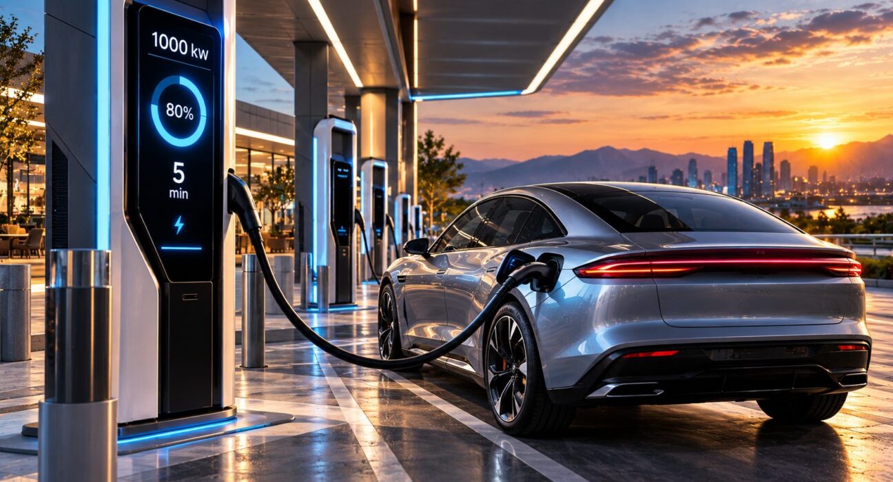 Auto eléctrico conectado a un cargador ultrarrápido de 1000 kW