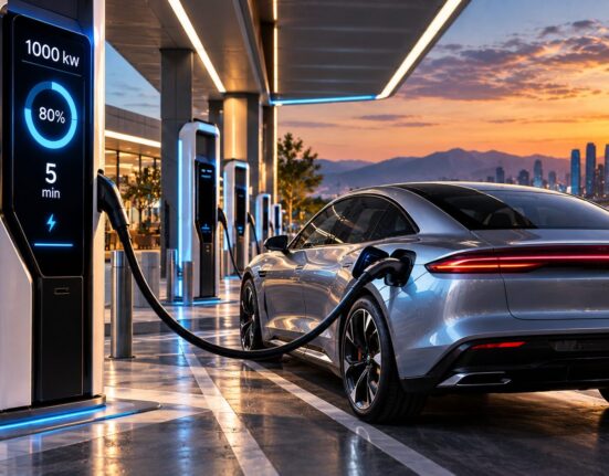 Auto eléctrico conectado a un cargador ultrarrápido de 1000 kW