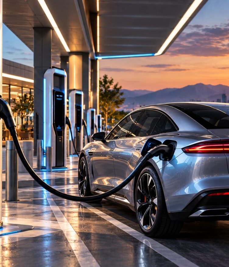 Auto eléctrico conectado a un cargador ultrarrápido de 1000 kW