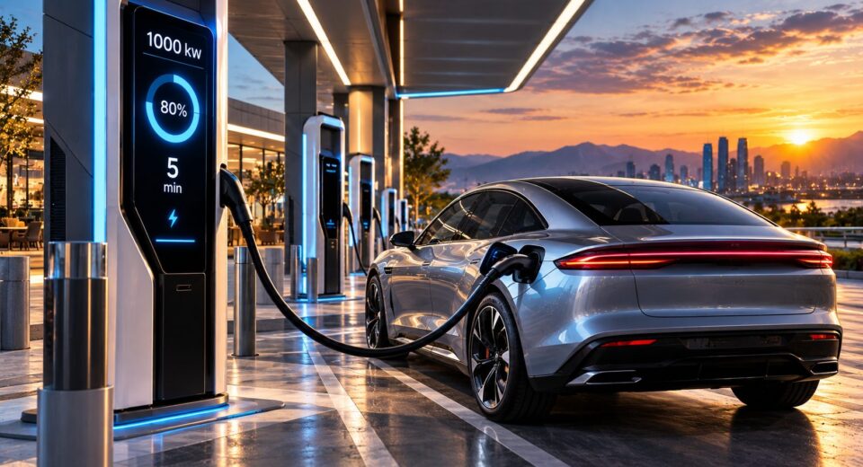 Auto eléctrico conectado a un cargador ultrarrápido de 1000 kW