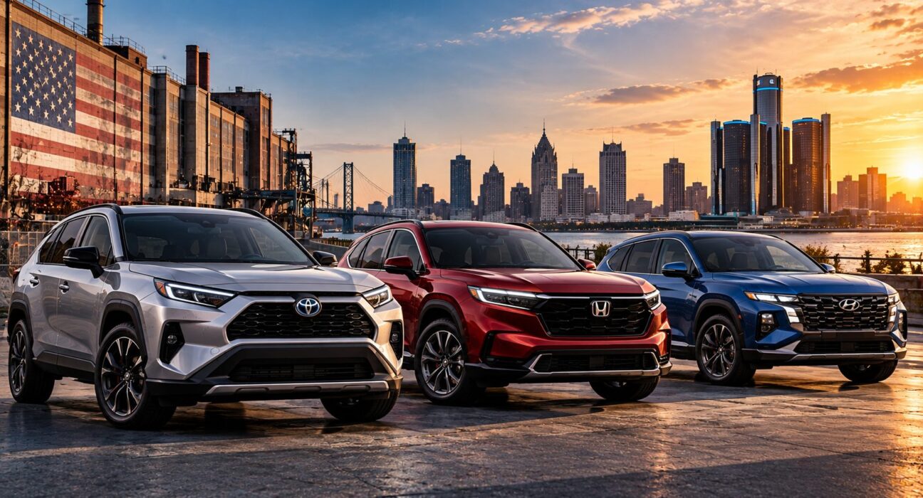 SUV de Toyota, Honda y Hyundai frente al horizonte de Detroit