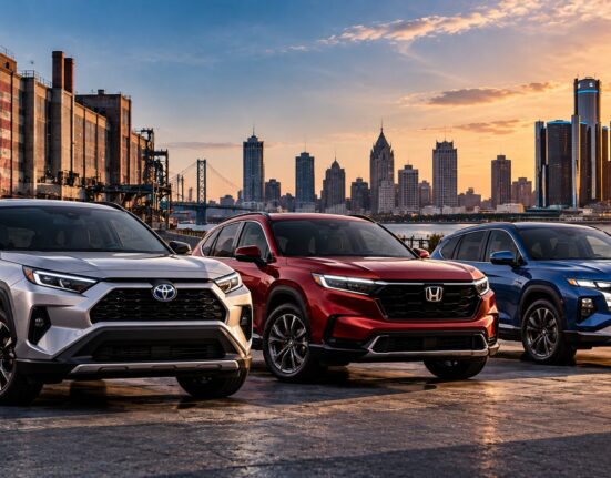 SUV de Toyota, Honda y Hyundai frente al horizonte de Detroit