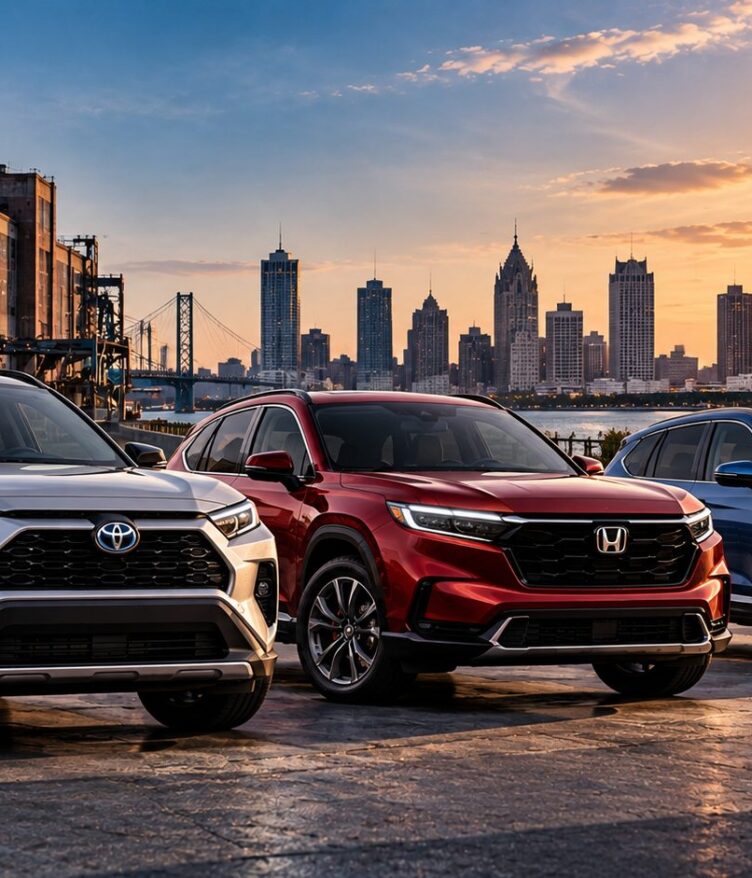 SUV de Toyota, Honda y Hyundai frente al horizonte de Detroit