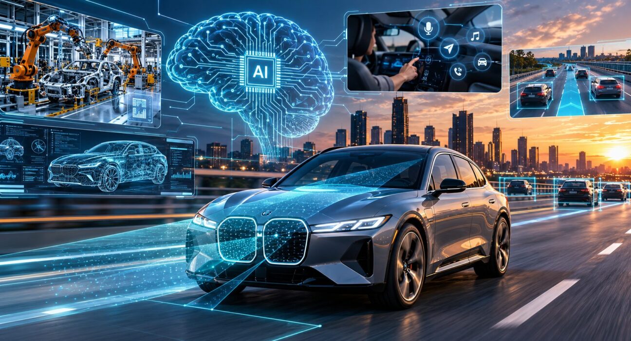 Ilustración de un automóvil conectado a un cerebro digital de inteligencia artificial