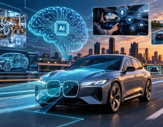 Ilustración de un automóvil conectado a un cerebro digital de inteligencia artificial