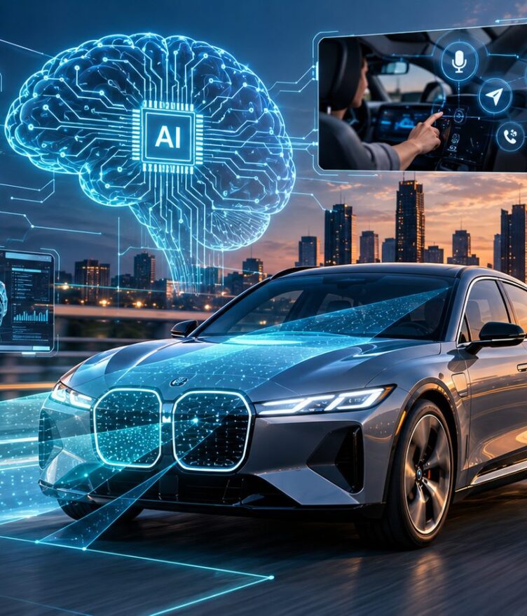 Ilustración de un automóvil conectado a un cerebro digital de inteligencia artificial