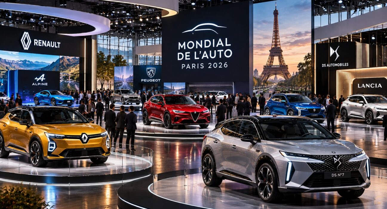 Autos expuestos en el Mondial de l'Auto París 2026 con la Torre Eiffel al fondo