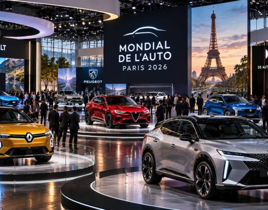 Autos expuestos en el Mondial de l'Auto París 2026 con la Torre Eiffel al fondo