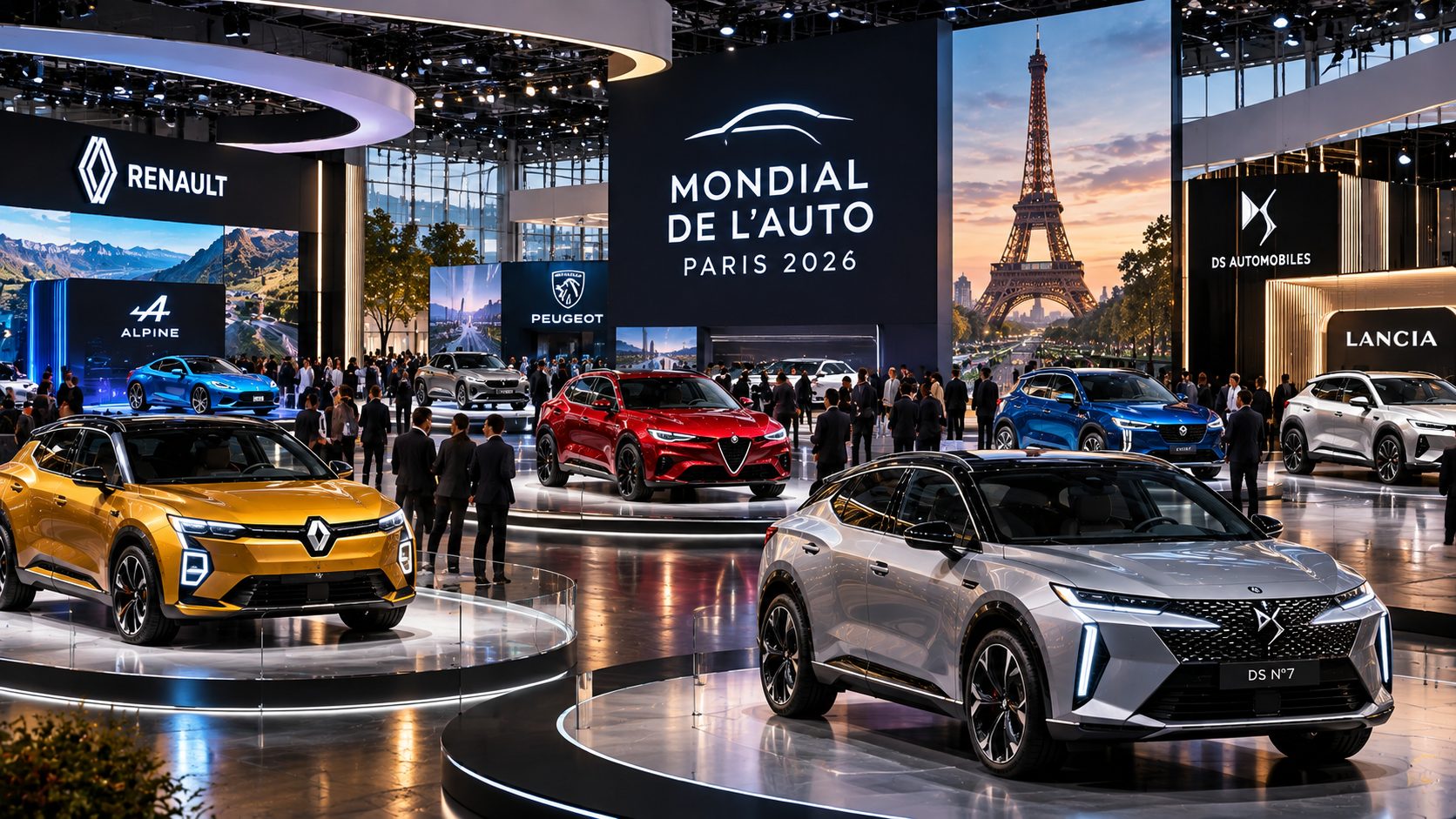 Autos expuestos en el Mondial de l'Auto París 2026 con la Torre Eiffel al fondo