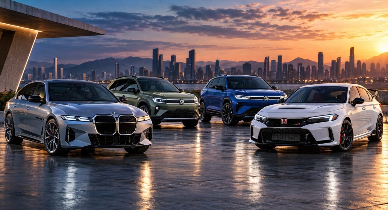 Modelos 2027 de BMW, Volkswagen y Honda reunidos frente a una ciudad al atardecer