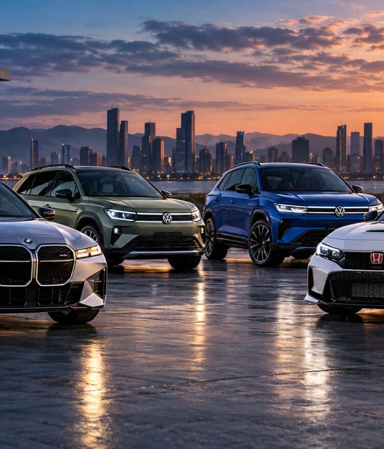 Modelos 2027 de BMW, Volkswagen y Honda reunidos frente a una ciudad al atardecer