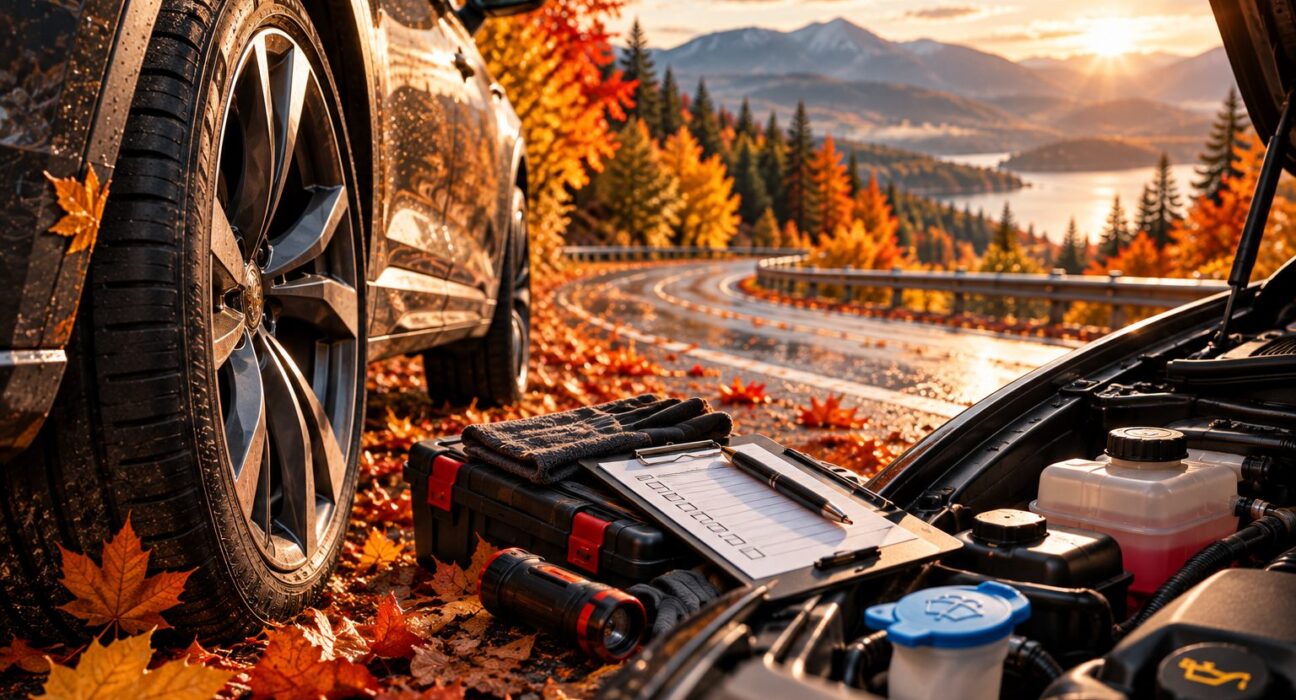 Neumático, batería y líquidos de un auto revisados entre hojas de otoño