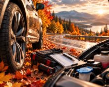Neumático, batería y líquidos de un auto revisados entre hojas de otoño