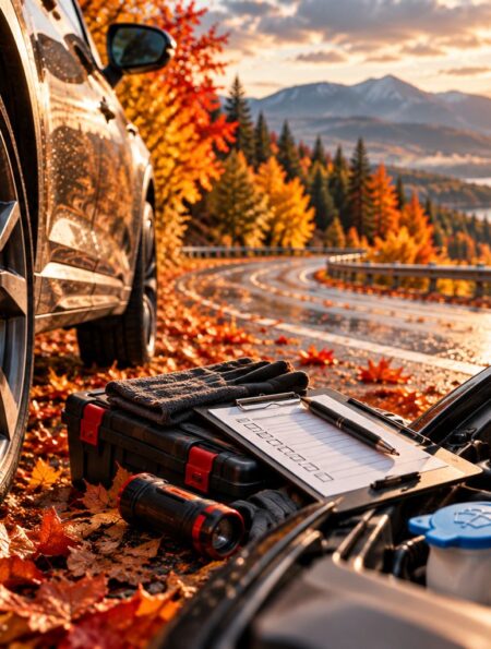 Neumático, batería y líquidos de un auto revisados entre hojas de otoño