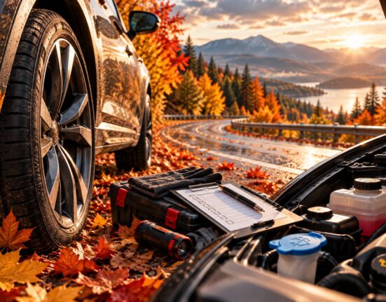 Neumático, batería y líquidos de un auto revisados entre hojas de otoño