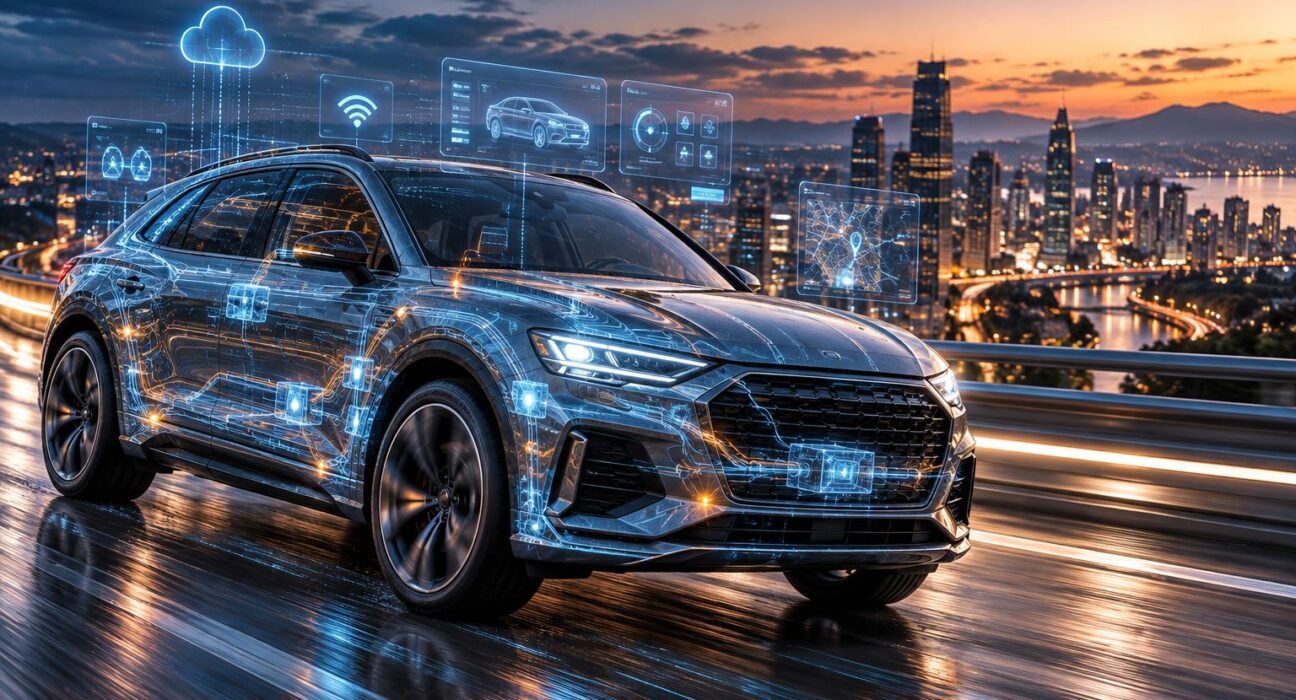 Ilustración de un SUV con sus sistemas digitales conectados a la nube