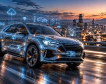Ilustración de un SUV con sus sistemas digitales conectados a la nube