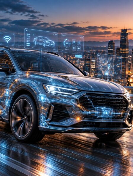 Ilustración de un SUV con sus sistemas digitales conectados a la nube
