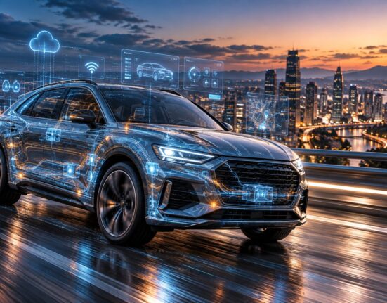 Ilustración de un SUV con sus sistemas digitales conectados a la nube