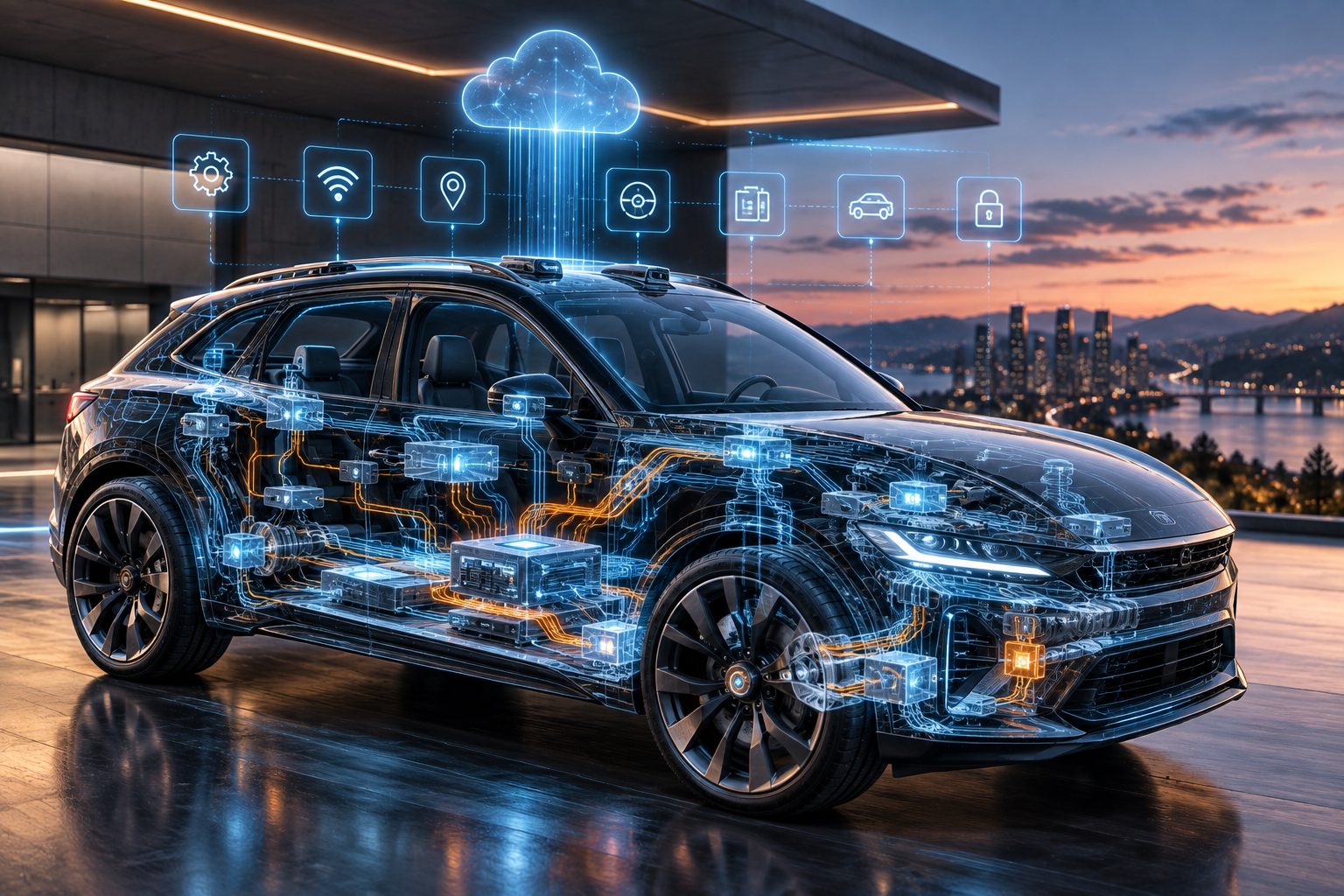Ilustración de la arquitectura electrónica de un automóvil conectado
