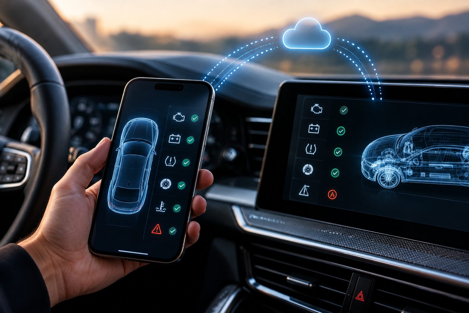 Teléfono móvil controlando funciones del automóvil junto a la pantalla central