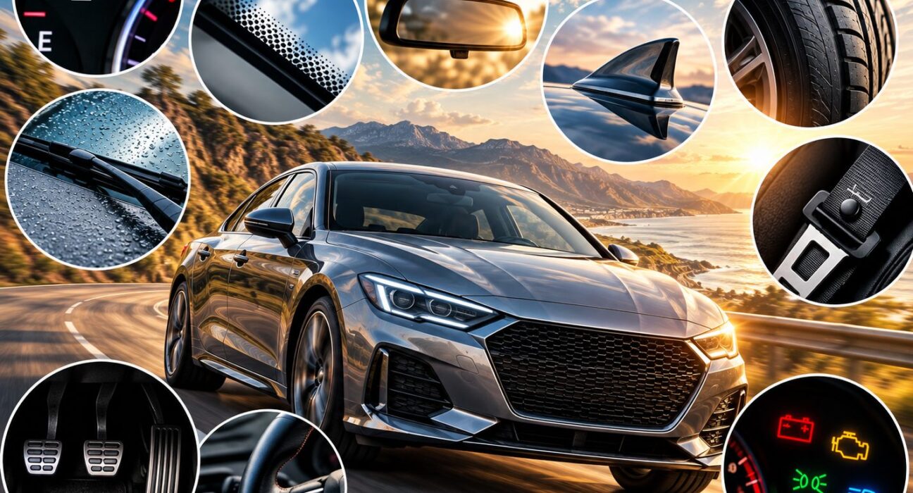 Collage de detalles del automóvil: flecha del combustible, parabrisas, retrovisor, neumáticos y testigos del tablero