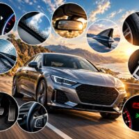 Collage de detalles del automóvil: flecha del combustible, parabrisas, retrovisor, neumáticos y testigos del tablero