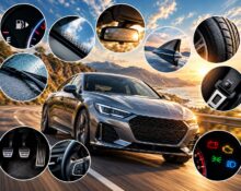 Collage de detalles del automóvil: flecha del combustible, parabrisas, retrovisor, neumáticos y testigos del tablero