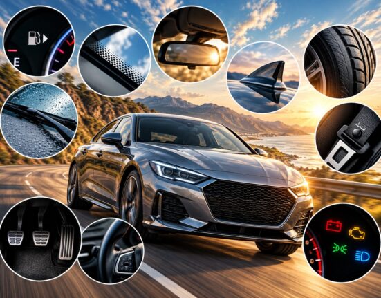 Collage de detalles del automóvil: flecha del combustible, parabrisas, retrovisor, neumáticos y testigos del tablero