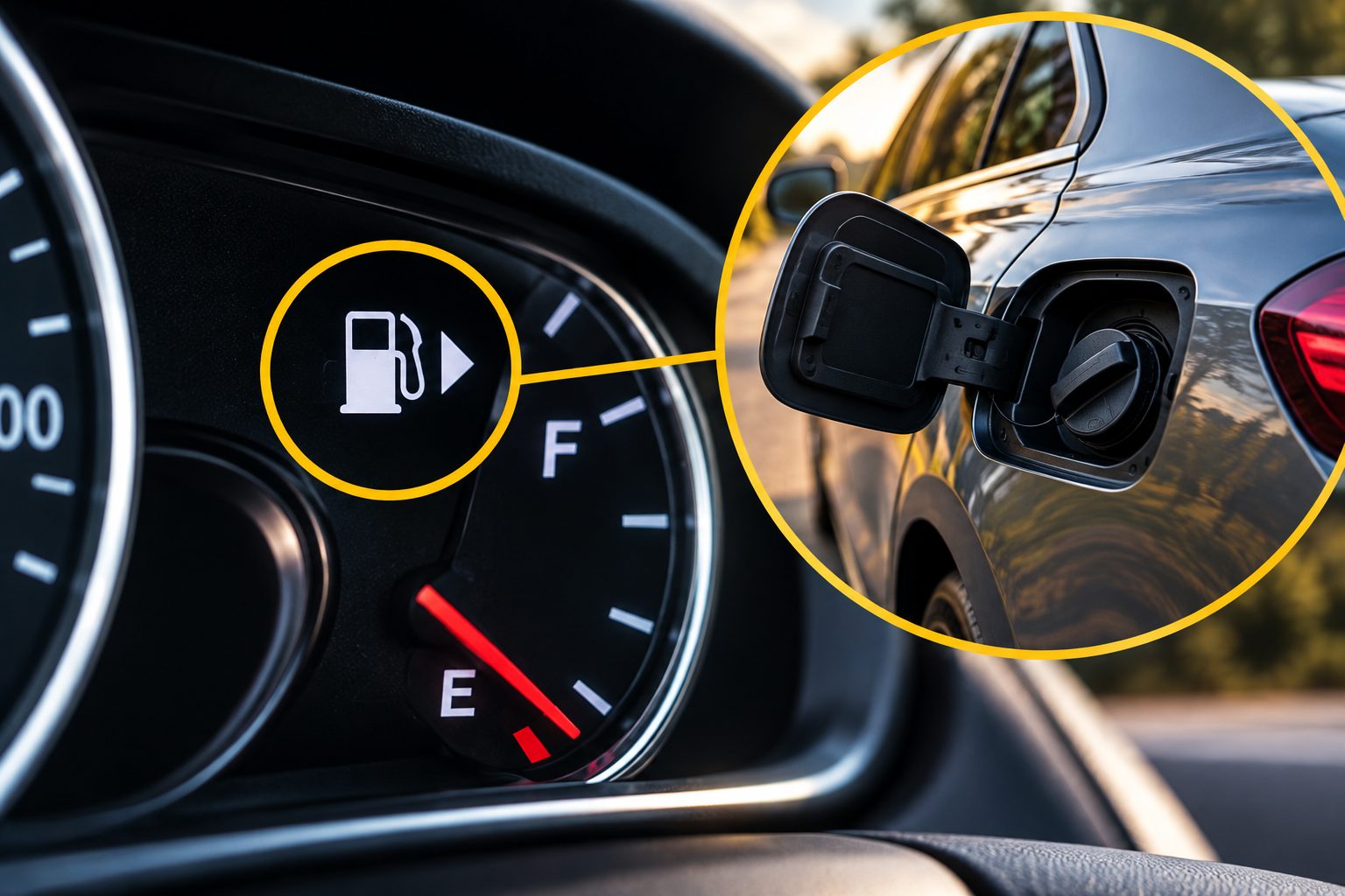 Flecha junto al indicador de combustible que señala el lado del tanque